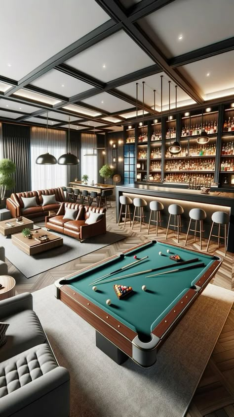 Modern Game Room Ideas Luxury, Bar Lounge Design Home, Modern Man Cave Ideas, Bar With Pool Table, Billiard Room Ideas Interior Design, Modern Billiard Room, Luxury Billiard Room, Whisky Lounge, Whisky Room