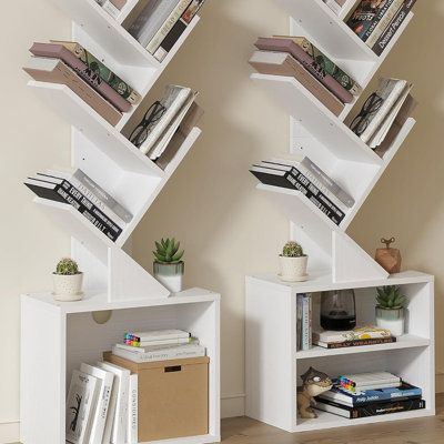 Small Bookshelf for Small Spaces: Featuring a compact design, the floor standing tree bookshelf optimizes floor space, making it an excellent choice for bedrooms, home offices, corners, hallways, or smaller living rooms. This narrow small bookcase organizer provides ample storage for books, CDs, game cassettes, decorations, and more. Keep your belongings stylishly organized, ensuring a neat and clutter-free space. ( Book shelf dimensions: 47.4"H*14.6"L*"7.9"W ) High-Capacity Tall Bookcase: This Bookshelves Short, Narrow Bookshelves, Bookshelf For Small Spaces, Bedroom Bookshelves, Bookcase With Storage, Narrow Bookshelf, Book Organizer, Shelf Dimensions, Tree Bookshelf