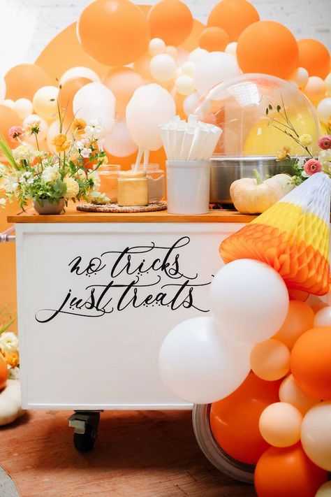 No Tricks Just Treats - Cotton Candy Cart from a Candy Corn Halloween Party on Kara's Party Ideas | KarasPartyIdeas.com Halloween Pop Up Bar, Candy Corn Party, Halloween Cotton Candy, Halloween Stations, Bobbing For Apples, Candy Cart, Pop Up Bar, Personalized Candy, Halloween Candy Corn