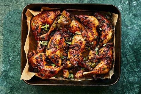 Roast chicken with dates, olives and capers | Ottolenghi Recipe Ottolenghi Recipes Vegetarian, Ottolenghi Lamb, Ottolenghi Recipe, Ottolenghi Chicken, Chicken Tray Bake Recipes, Otto Lenghi, Dinner Party Mains, Country Night, Chicken Marbella