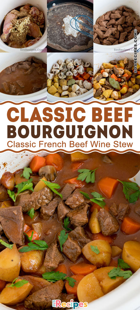 This is not Julia Child’s Beef Bourguignon. It’s way easier to make and tastes equally as good. Making it in the slow cooker ensures the beef turns out tender and juicy, and the sauce develops its flavors slowly. Julia Childs Beef Bourguignon, French Beef Bourguignon, Beef Stew Wine, Beef Bourguignon Slow Cooker, Easy Beef Bourguignon, Slow Cooker Beef Bourguignon, Sos Recipe, Julia Childs, Beef Chuck