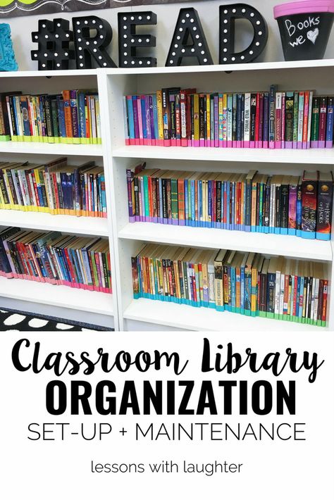 Colorful classroom library organization ideas from Lessons with Laughter Library Organization Ideas, School Library Organization, Organization Classroom, Classroom Library Organization, Colorful Classroom, Teaching Organization, Library Organization, Classroom Layout, Ela Classroom