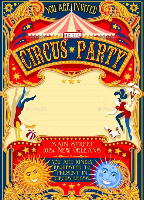 Carnival Invitation Template, Circus Party Invitations, Vintage Circus Birthday Party, Cabaret Vintage, Retro Template, Circus Birthday Invitations, Carnival Birthday Invitations, Circus Invitations, Carnival Design