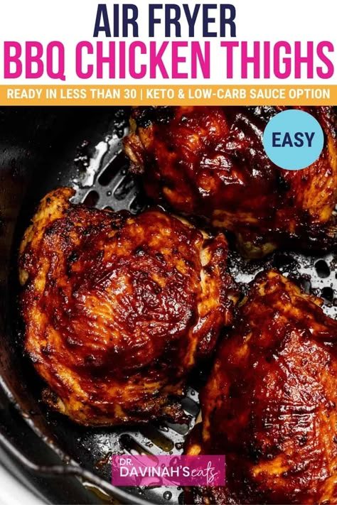 Air Fryer BBQ Chicken Thighs - Dr. Davinah's Eats Boneless Bbq Chicken, Air Fryer Bbq Chicken Thighs, Pressure Cooker Cabbage, Chicken Thighs Boneless Skinless, Air Fryer Bbq Chicken, Bbq Sauce Homemade Easy, Low Carb Air Fryer, Healthy Chicken Thigh Recipes, Ninja Foodie Recipes