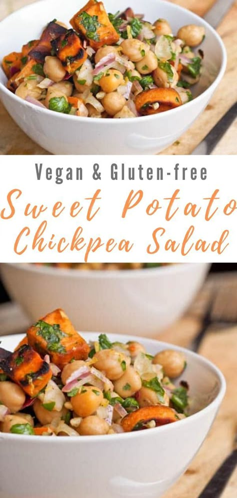 Sweet Potato Chickpea Salad, Meatless Meals Healthy, Potato Chickpea, Meatless Meal, Chickpea Salad Recipes, Free Lunch, Gluten Free Lunch, Thanksgiving Side, Chickpea Salad