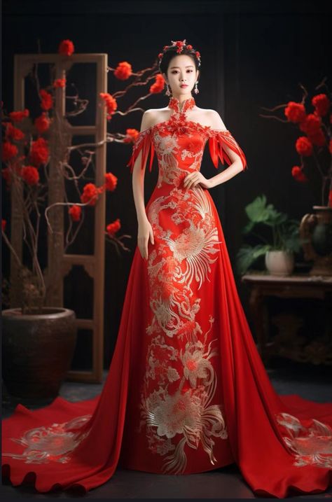 Chinese Wedding Cheongsam, Chinese Bride Dress, Modern Chinese Wedding Dress, Red Chinese Wedding Dress, Tea Ceremony Dress, Asian Inspired Wedding, Chinese Bride, Wedding Cheongsam, Asian Dresses