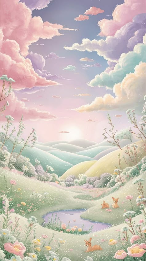 Immerse yourself in a serene pastel-themed landscape featuring fluffy clouds in pink, lavender, and blue. A whimsical meadow bursting with mint green, pale yellow, and blush pink wildflowers invites cute bunnies and fawns to frolic. This idyllic scene, complete with rolling hills and a mirrored pond, creates a soothing atmosphere perfect for aesthetic wallpaper. Perfect for nature lovers and pastel art enthusiasts. Pink Wildflower Wallpaper, Playful Animals, Cute Aesthetic Wallpaper, Aesthetic Lovers, Pink Wildflowers, Checker Wallpaper, Wall Art Diy Paint, Dreamy Artwork, Pastel Landscape