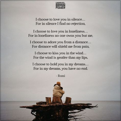 I choose to love you in silence… For in silence I find no rejection, I choose to love you in loneliness… For in loneliness no one owns you but me, I choose to adore you from a distance… For distance will shield me from pain, I choose to kiss you in the wind… For the wind is gentler than my lips, I choose to hold you in my dreams… For in my dreams, you have no end. ― Rumi Love Short Poems, Quotes About Relationship, Relationship Quotes For Her, Best Relationship Quotes, Our Love Quotes, Rumi Love Quotes, Looking For Quotes, Rumi Love, Quotes For Boyfriend