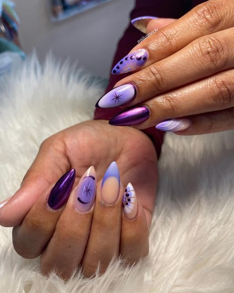 Out with the blue, in with the purple💜 . . . #nails #nailusa #nailart #naildesign #nailsofInstagram #naildesigns #nailsoftheday #naildesignsideas #acrylic #acrylicnails #raleigh #durham #raleighnails #trend #trendynails #winternails Witchy Purple Nails, Purple And Blue Acrylic Nails, Purple Freestyle Nails, Dark Purple Nails Short, Purple And Blue Nails Designs, Blue And Purple Nails Designs, Purple Abstract Nails, Purple Autumn Nails, Purple Witchy Nails