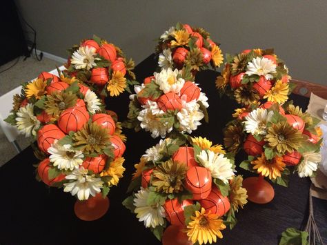 Custom basketball theme bridesmaid bouquets! Basketball Flower Bouquet, Basketball Flower Arrangements, Basketball Bouquet, Basketball Wedding, Basketball Senior Night, Basketball Theme, Bridesmaid Bouquets, Boys Basketball, Senior Night