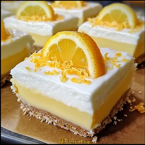 No-Bake Lemon Cheesecake Bars: A Refreshing, Easy Dessert - MmmRecipes : Easy and Delicious Recipes No Bake Lemon Coconut Squares, Lemon Icebox Bars, Lemon Cheesecake Squares, No Bake Lemon Desserts, Lemon No Bake Cheesecake, No Bake Lemon Cheesecake Bars, No Bake Cheesecake Bars, Easy Lemon Cheesecake, No Bake Lemon