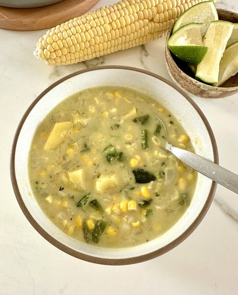 Creamy Roasted Poblano Soup Recipe (with Corn & Potatoes) Poblano Soup Recipe, Roasted Poblano Soup, Recipe With Corn, Poblano Soup, Roasted Poblano Peppers, Roasted Poblano, Chile Poblano, Poblano Peppers, Creamy Corn