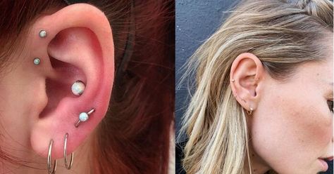 An orbital piercing is a type of ear piercing that goes through two holes in your earlobe. Here's everything to know before you get one. #earpiercings #bodymodification #earlobepiercing Orbital Piercing, Ear Piercings Chart, Piercing Chart, Outer Ear, Types Of Ear Piercings, Ear Lobe Piercings, Underboob Tattoo, Cool Ear Piercings, Womens Health Magazine