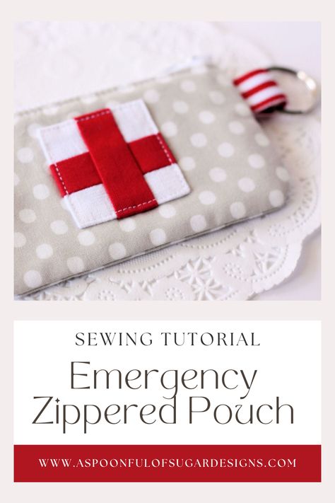 Craft a mini first aid kit for on-the-go! This sewist's dream fits snugly in your purse, adorned with a red cross for easy identification. Zip it open to reveal space for lip balm, bandages, pain relievers, and more. Ideal for travel, it's a quick, under-an-hour DIY project. Stay prepared in style! Mini First Aid Kit, A Spoonful Of Sugar, Beginner Sewing Patterns, Pouch Diy, Pouch Sewing, First Aid Supplies, Sewing Tutorials Free, Pouch Pattern, Mini Pouches