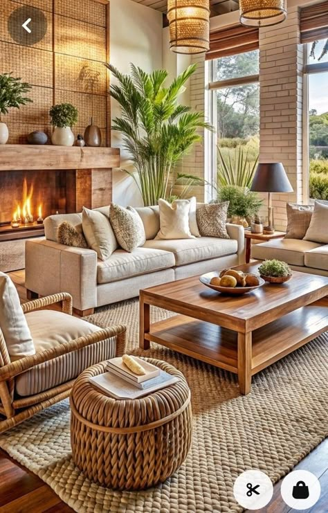 Modern Arizona Home Interior, Living Room Oak Furniture, Innovative Living Room Ideas, Classy Farmhouse Living Room, Wood Interior Design Living Rooms, Small Living Room Designs Cozy, Bali Style Home Living Rooms, Aesthetic Houses Interiors, Rug Over Carpet Living Room