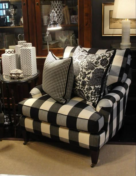 Covered in a classic black-and-white buffalo check, this chair is relaxed and timeless, something you could keep for generations. White Cottage, Black And White Decor, French Country Decorating, White Decor, Buffalo Check, My New Room, Cool Ideas, Country Decor, Buffalo Plaid