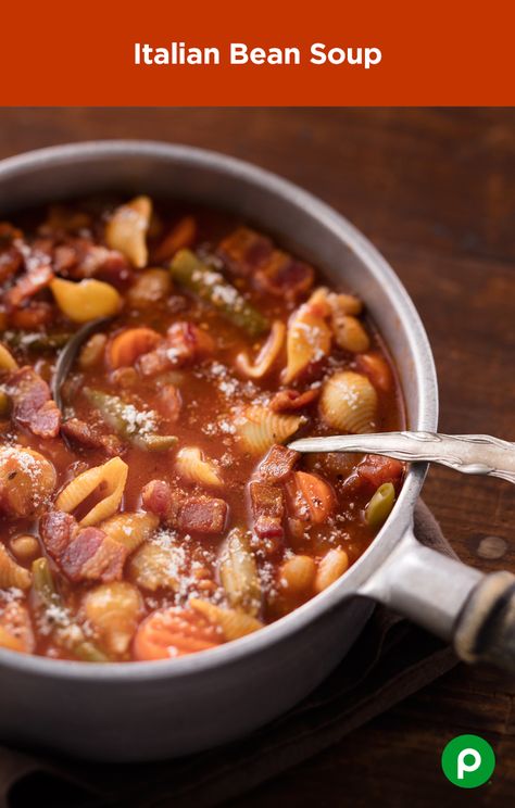 With hearty ingredients such as bacon, beans, and pasta, this Publix Aprons recipe for Italian Bean Soup adds a little spice to traditional comfort food. Publix Recipes Aprons, Italian Bean Soup, Bacon Beans, Publix Aprons Recipes, Publix Recipes, Goulash, Soup And Sandwich, Bean Soup, Bean Recipes