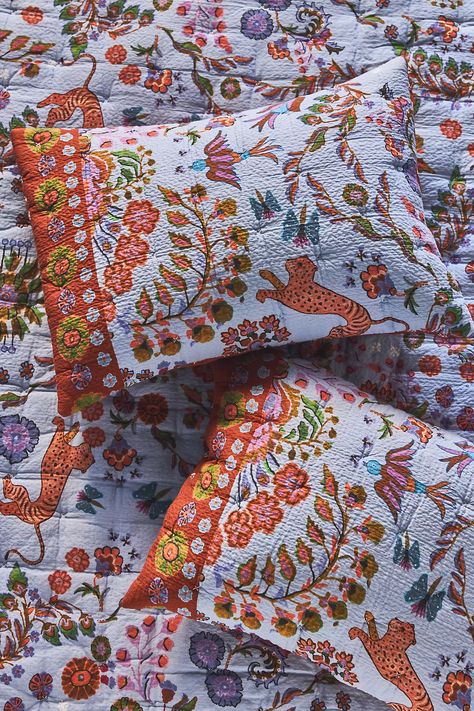 Kelcey Hibiscus Shams, Set of 2 | AnthroLiving Euro Sham Covers, Mixed Pattern Bedding, Cozy Maximalism Bedroom, Bedding Eclectic, Daybed Makeover, Single Woman Bedroom, Vintage Eclectic Bedroom, Bedding 101, Red And Pink Bedroom