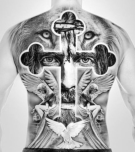 Back Tattoo Men Cross, Full Back Tattoo For Men Ideas, Backpiece Tattoo Men, Best Back Tattoos Men, Jesus Back Tattoo, Full Back Tattoos For Men, Back Piece Tattoo Men, Back Tattoos For Men, Tattoo Espalda