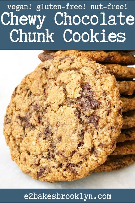 Chewy Chocolate Chunk Cookies {Vegan, Gluten-Free} | e2 bakes brooklyn Nut Free Cookies Recipes, Nut Free Cookies, Nut Free Desserts, Allergy Friendly Desserts, Vegan Gluten Free Cookies, Salted Chocolate Chip Cookies, Nut Free Recipes, Cookies Vegan, Allergy Free Recipes