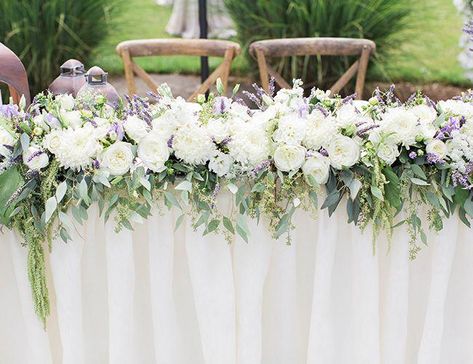 Purple and White Estate Wedding // garland with eucalyptus + peonies + roses Wedding Flowers White Roses, Top Table Flowers, Wedding Top Table, Bridal Table, Purple Wedding Flowers, Church Flowers, Greenery Garland, White Wedding Flowers, Lavender Wedding