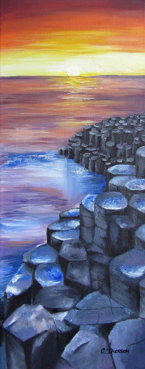 Giants Causeway print of oil painting County Antrim | Etsy Giants Causeway Tattoo, Irish Landscape Painting, Giant Causeway, Giants Causeway, Giant’s Causeway, Ireland Landscape, Mural Wall, Irish Art, Quilling Paper