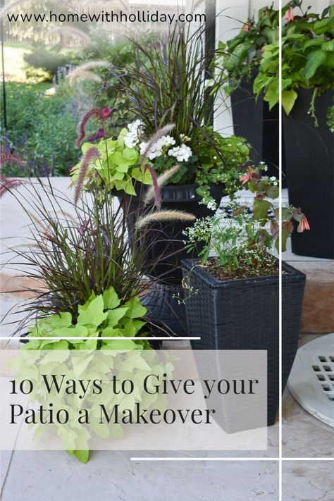 Three Planter Pots on a patio Porch With Potted Plants, Planter Ideas For Patio, Plant Patio Decor, Three Planters Together, Outdoor Plant Pot Groupings, Patio Planting Ideas Pots, Planters On Patio Ideas, Flower Pots On Deck, How To Arrange Potted Plants On Patio