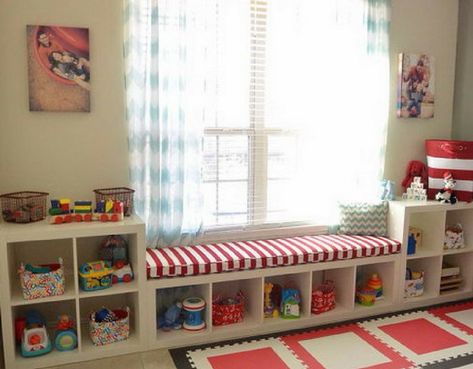 Nursery Bench Seat, Ikea Toy Storage, Ikea Toys, Ikea Kids Room, Window Seat Storage, Ikea Organization, Custom Bench Cushion, Playroom Storage, Kallax Ikea