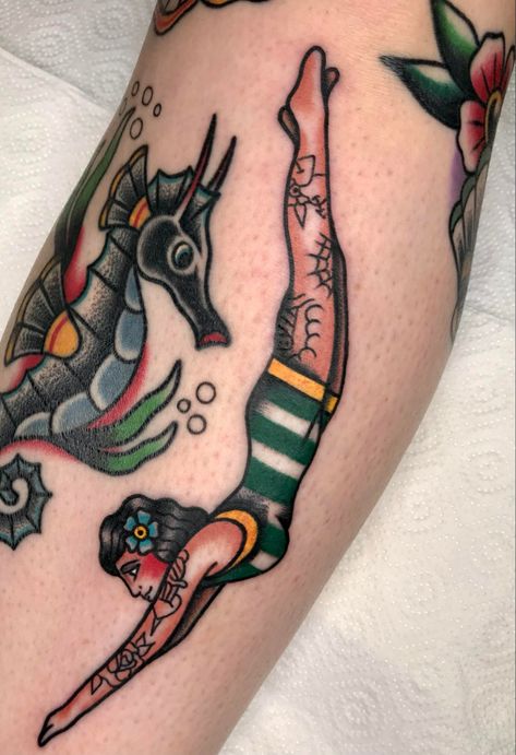 Diving Pinup Tattoo, Traditional Sealife Tattoo, Nautical Tattoo Filler, American Traditional Scuba Diver Tattoo, Old Scuba Diver Tattoo, Traditional Sea Creature Tattoo, Nautical Leg Sleeve Tattoo, Traditional Beach Tattoo, Traditional Leg Tattoos Women