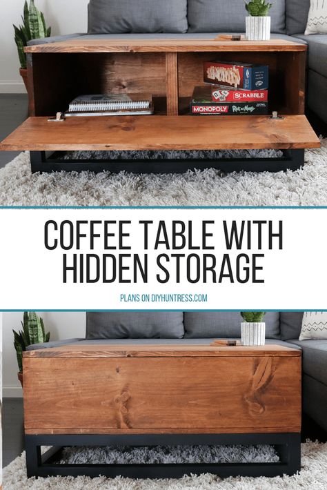 DIY Coffee Table With Hidden Storage - DIY Huntress Table With Hidden Storage, Coffee Table With Hidden Storage, Coffee Table Inspiration, Diy Coffee Table, Diy Furniture Table, Diy Coffee, Diy Furniture Projects, Coffee Table With Storage, Coffee Table Design