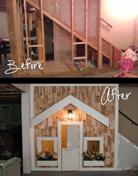 Playhouse under the stairs for the kids.  This is the "girls" side complete with a dutch door, porch light and window flower boxes.  Sometimes it is a playhouse, other times it is a doctors office, school or starbucks drive thru! Playhouse Under The Stairs, Under Stairs Playhouse, Under Stairs Playroom, Unfinished Basement Ideas, Basement Playroom, Under The Stairs, Basement Stairs, Basement Makeover, Dog Rooms