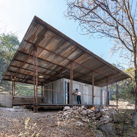 Dezeen's top 10 cabins of 2020 Sod Roof, Modular Cabins, Corrugated Metal Roof, Off Grid Cabin, Oil Pipe, Built In Furniture, Corrugated Metal, Rain Water Collection, Forest Floor