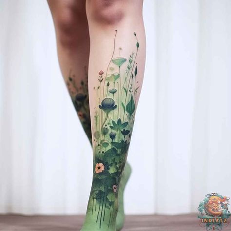 Magic Nature Tattoo, Overgrowth Tattoo, Leaf Vine Tattoo Leg, Botanical Tattoo Black And White, Legend Of Zelda Flower Tattoo, Full Body Plant Tattoo, Matching Dandelion Tattoo, Herb Bundle Tattoo, Emerald Green Tattoo