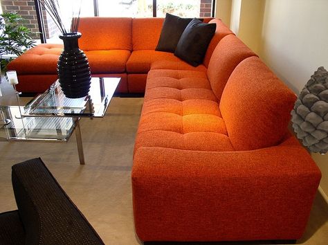 Orange curved arm. Tweed Couch, Red Couch Living Room, Orange Couch, Lobby Ideas, Basement Redo, Luxury Sofa Design, Orange Sofa, Red Couch, Curved Furniture