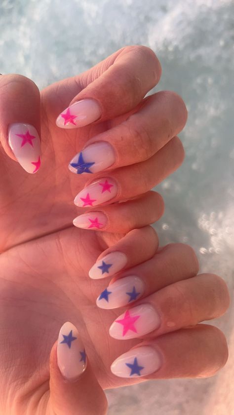 Rainbow Star Nails, Gel X Nail Inspo Almond, Pink And Navy Nails, Nashville Nails Country, Tv Girl Nails, Nail Inspo Stars, Pink And Blue Nail Art, Fun Short Nails, Bright Pink Nails