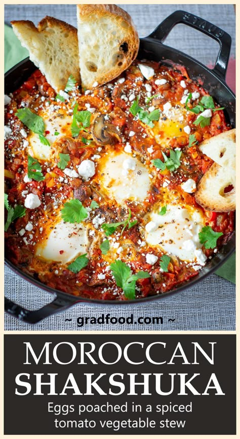 North African-Style Shakshuka | GradFood Shakshuka Recipes, Whats Gaby Cooking, Tagine Recipes, Moroccan Recipes, Moroccan Dishes, Spicy Tomato Sauce, Middle Eastern Dishes, Pioneer Woman Recipes, Moroccan Food