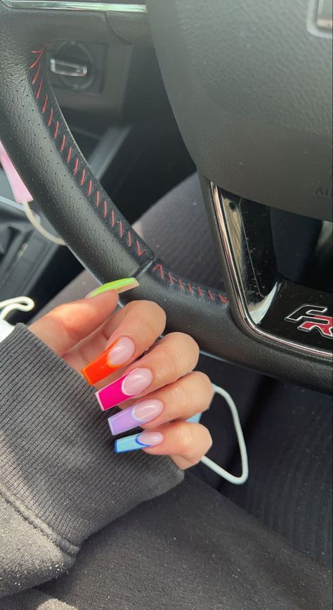 Multi Color French Tip Nails, Multi Color French Tip, Color French Tip Nails, Color French Tip, Colored French Tips, French Tip Nail Designs, Tip Nails, French Tip Nails, Nail Tips