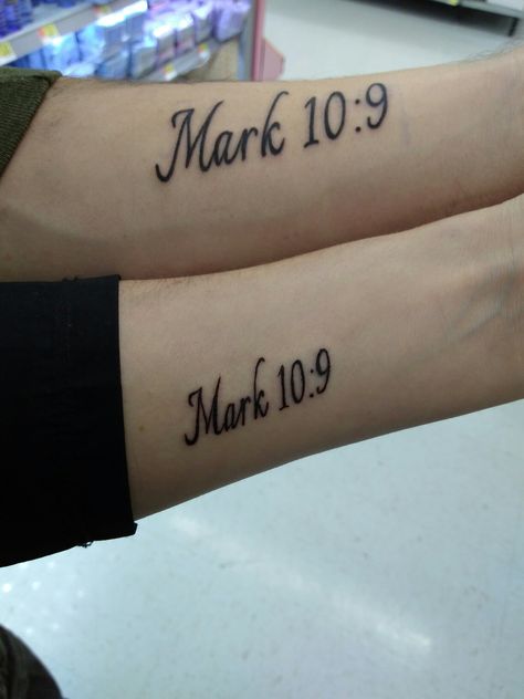 Matching couples tattoo Matching Tattoos Bible Verse, Mark 10:9 Tattoo Couple, Couple Bible Verse Tattoos, Biblical Couple Tattoos, Christian Couples Tattoos, Couple Tattoos Western, Mark 10:9 Tattoo, Christian Matching Tattoos, Matchy Tattoos Couple