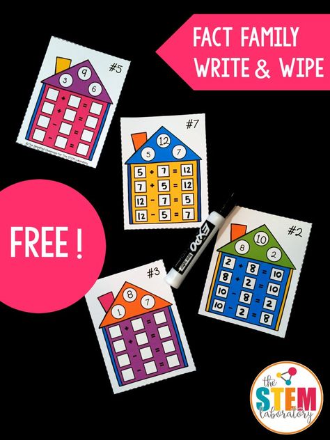 Fact Family Houses - The Stem Laboratory Family Houses, Math Centers Kindergarten, Fact Fluency, Fact Families, Family Cards, Math Methods, Shape Puzzles, Mental Math, Math Numbers