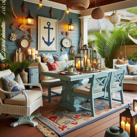 Coastal Outdoor Decor: Nautical Theme on the Patio Nautical Patio Decorating Ideas, Nautical Porch Ideas, Nautical Patio, Campsite Decorating, Nautical Outdoor Decor, Ikea Inspired Bedroom, Coastal Chic Decor, Bohemian Patio, Driftwood Decor