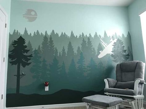 Star Wars Nursery - Imgur Star Wars Nursery Mural, Jensen Bed, Cabin Guest Room, Star Wars Baby Room, Star Wars Wall Mural, Star Wars Mural, Star Wars Kids Room, Star Wars Office, Star Wars Stencil