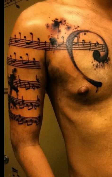 Watercolor Tattoo Music, Music Staff Tattoo, Sheet Music Tattoo, Tatuaje Trash Polka, Music Tattoo Sleeves, Music Notes Tattoo, Tattoo Diy, Airbrush Tattoo, Music Tattoo Designs