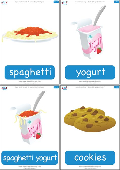 Do You Like Spaghetti Yogurt? Flashcards | Super Simple Food Flashcards, Free Flashcards, Early Intervention Speech Therapy, Basic Language, Classroom Songs, Super Simple Songs, Spanish Lessons For Kids, Food Resources, Core Vocabulary