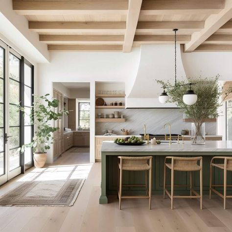 European Farmhouse Kitchen, Green Kitchen Island, Living Room Renovation, Farmhouse Kitchen Design, Room Renovation, Farmhouse Interior, Kitchen Inspiration Design, Modern Farmhouse Kitchens, Farmhouse Dining Room