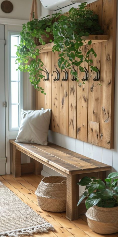 Cottage Style Entryway Ideas, Narrow Mudroom Ideas Entryway Hallway Storage, Side Entrance Ideas Entryway, Entryway Ideas Rustic, Entry Bench Decor Entryway, Rustic House Decor Ideas, Narrow Entryway Ideas, Small Entrance Hall Ideas, Modern Entryway Design