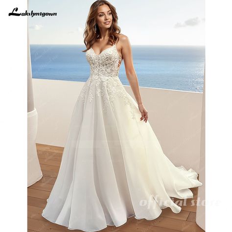 Lakshmigown Lace A-Line Organza Open Back Wedding Dresses 2025 Vestido Vintage Beach Bridal Gowns Open Back Wedding Dresses, Beach Bridal Gown, Open Back Wedding, Open Back Wedding Dress, Back Wedding Dress, Beach Bridal, Vintage Beach, Bridal Gowns, Open Back