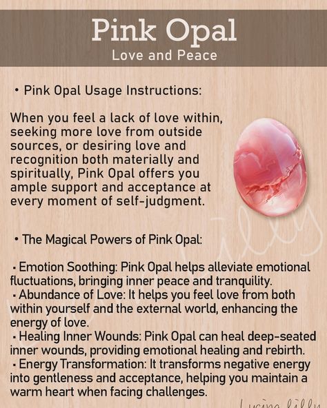 🩷Pink Opal Usage Instructions🩷 🔮Pink Opal Usage Instructions When you feel a lack of love within, seeking more love from outside sources, or desiring love and recognition both materially and spiritually, Pink Opal offers you ample support and acceptance at every moment of self-judgment. 🛍️If you want to have your own Pink Opal,come to my etsy shop and pick one. #pinkopals #pinkopal #crystalenergyhealing #crystalmagicsedona #heartchakra💚 #heartchakra #luckystones #healingcrystalsandstones Pink Opal Crystal Meaning, Opal Crystal Meaning, Lack Of Love, Crystals Healing Properties, Crystals Healing, Witch Magic, Crystal Magic, Spiritual Meaning, More Love