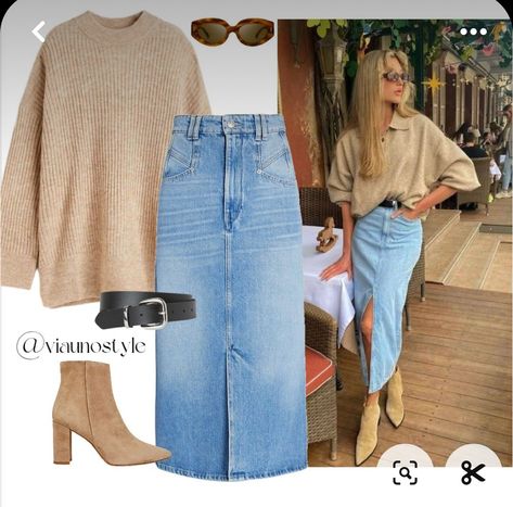 Jeans Skirt Fall Outfits, Fall Long Jean Skirt Outfits, Casual Outfits Long Skirt, Bridal Consultant Outfit, Maxi Jean Skirt Outfits Fall, Long Denim Skirt Fall Outfit, Loverlygrey Outfits, Denim Skirt And Sweater Outfit, Fall Jean Skirt Outfits