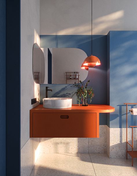 Bathroom Bauhaus, Memphis Design Interior, Mid Modern House, Mint Bathroom, Restroom Design, Deco Bathroom, Orange Interior, Minimal House Design, Autodesk Revit