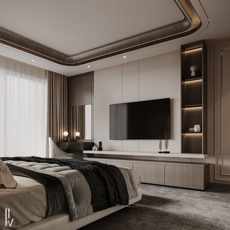 Master bedroom :: Behance Master Bedrooms Designer Luxury, Bedroom Ceiling Ideas Modern, Master Bedrooms Designer, Bedroom Tv Furniture, Contemporary Bedroom Design Luxury, Bedroom With Tv, Contemporary Bedroom Interior Design, Luxurious Bedrooms Master, Tv Bedroom